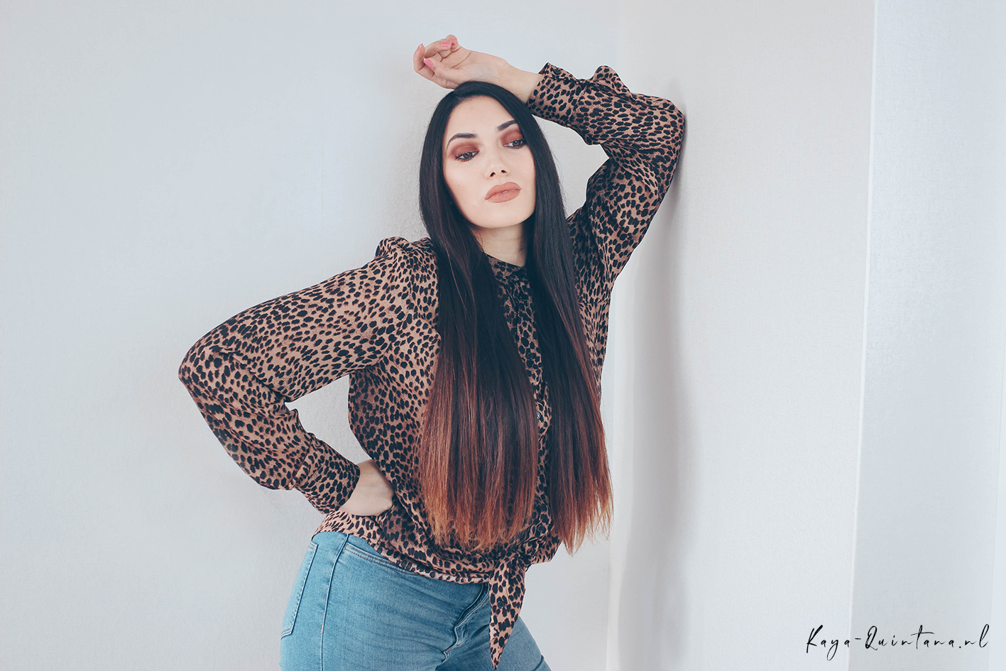 LEOPARD PRINT BLOUSE WITH OVERKNEE BOOTS